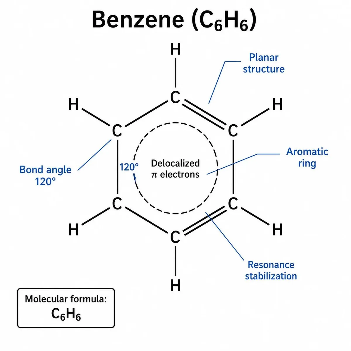 Công thức cấu tạo vòng benzene C₆H₆ với chú thích góc liên kết 120° và electron π không định chỗ.