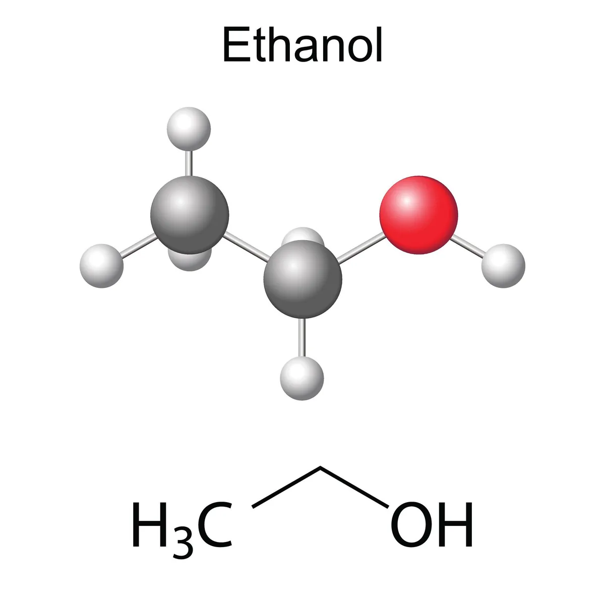 Mô hình phân tử ethanol kèm công thức H₃C–CH₂–OH, nhóm –OH tô màu đỏ.